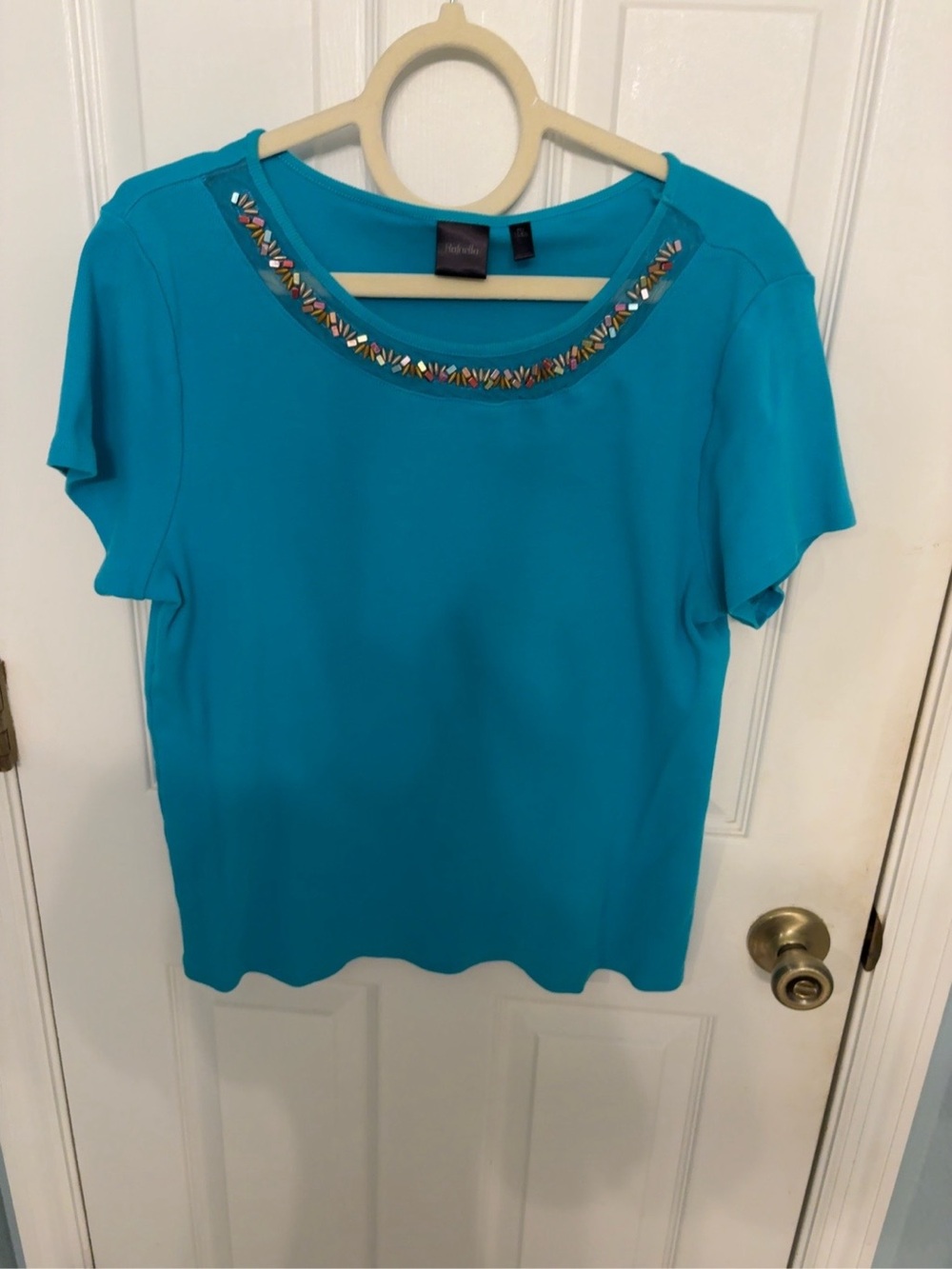 Rafaella Teal Embellished Beaded Neckline Top Size XL